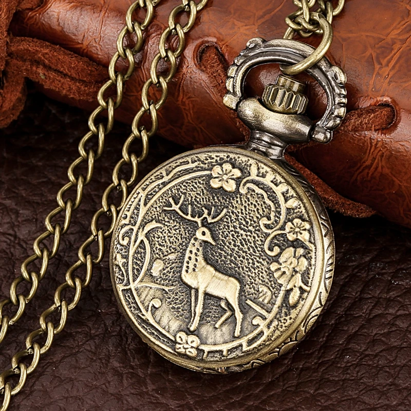 Bronze Lovely Longhorn Elk Animal Quartz Vintage Pocket Watch Necklace Long Horn Deer Pendant Jewelry Chain Engraved Watches