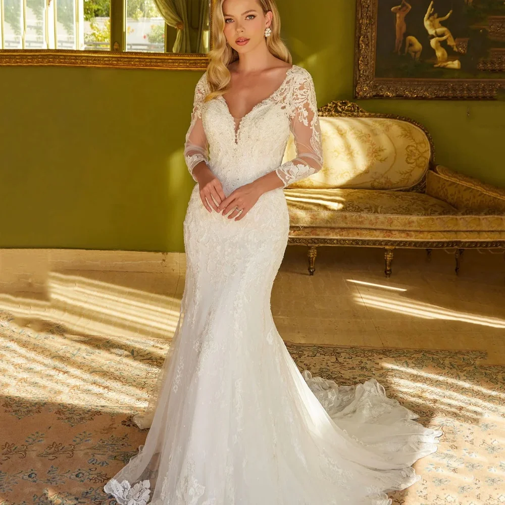 

Lace Customized Wedding Dresses Mermaid Exquisite Bridal Gowns V Neck Backless Applique Bride Dress Robe De Mariée