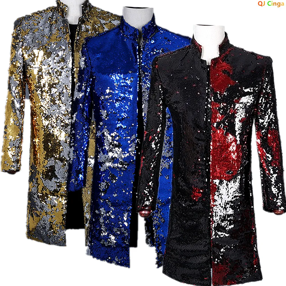 Men's Black-and-red Long Jacket; Blue Formal Coat with Circular Sequin Embellishments, Perfect for Weddings,Parties,The Stage.