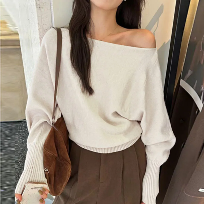 Neuer Langarm-Pullover mit Schulterfrei-Ausschnitt für Damen, Schwarzer Strickpullover, Damen-Oberteil, Suéter Feminino Q3093