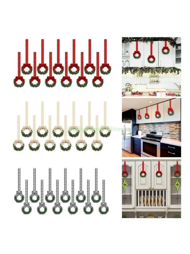 24TE 12Pcs Artificial Wreath 13cm Small Christmas Wreaths Ribbon Bows Wreath for Front Door Kitchen Cabinets Wall Window