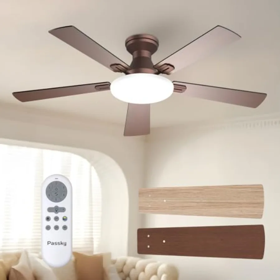 

Bedroom ceiling fan with lights, 52 inch flush mount low profile farmhouse fan, brown, reversible, 3CCT dimmable, noiseless DC
