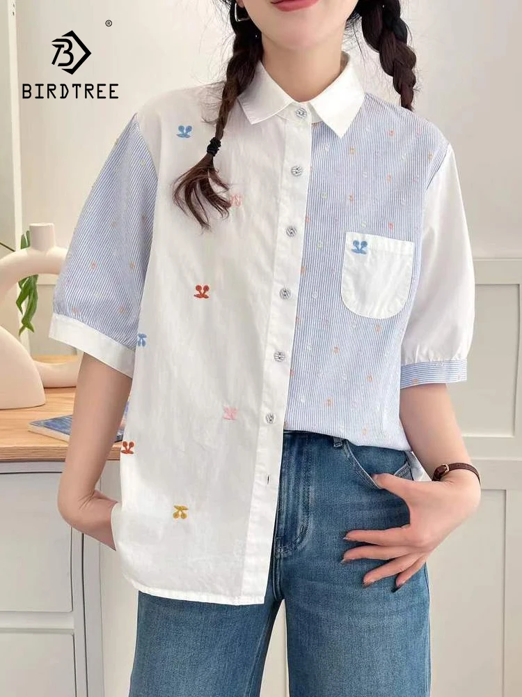 

New 2025 Summer Cotton Short Sleeve Shirt, Women Turn-down Collar Striped Embroidery, Mori Girl Sweet OL Loose Blouse T57184CC