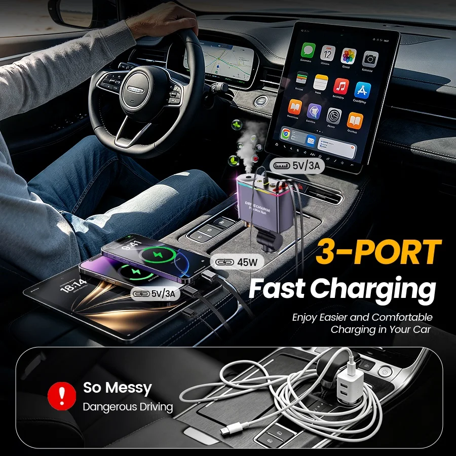 【2026 Upgrade】5-in-1 Retractable Car Charger USB C, 66W Fast Charging Car Phone Charger with Dual Retractable Cables, Air Freshener Diffuser & Starry Sky Lights, USB-C Car Adapter for iPhone 17/16/15/14