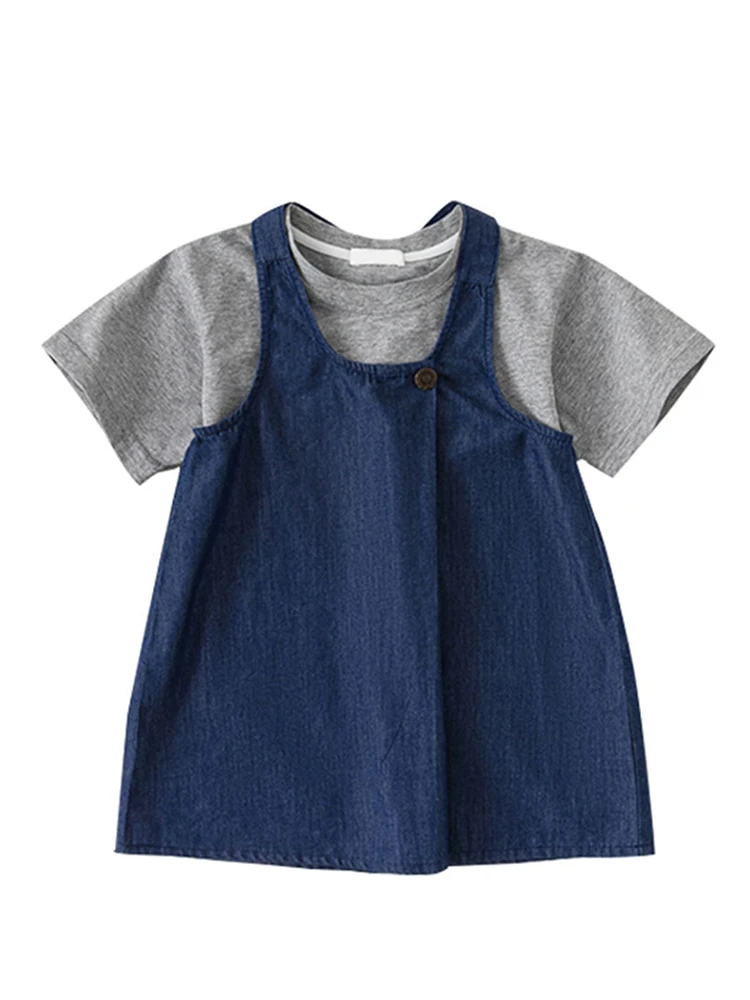 2Piece Summer Baby Clothes Fashion Casual Cotton Short Sleeve T-shirt+Denim Dress Girls Boutique Outfits Kids Clothing Set BC594