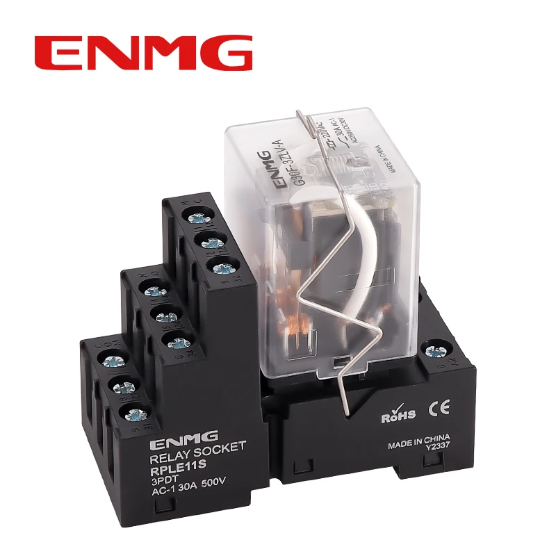 ENMG Compact High-Power Relay G30F - 30A Heavy-Duty, 12/24VDC & 220VAC,with Mounting Base 3+1 Isolated Cage-Type Base Status LED