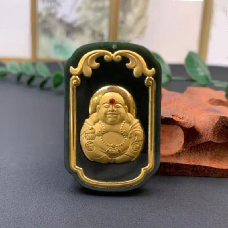

-inlaid Hetian black jade pure Guanyin Buddha, Pixiu, and "Hundred Blessings" pendant with gold inlay, wholesale fo