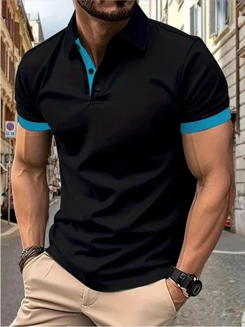 Men's Summer Fashion Simple Stripe Printed Comfortable Breathable Polo Shirt Outdoor Urban Casual Top