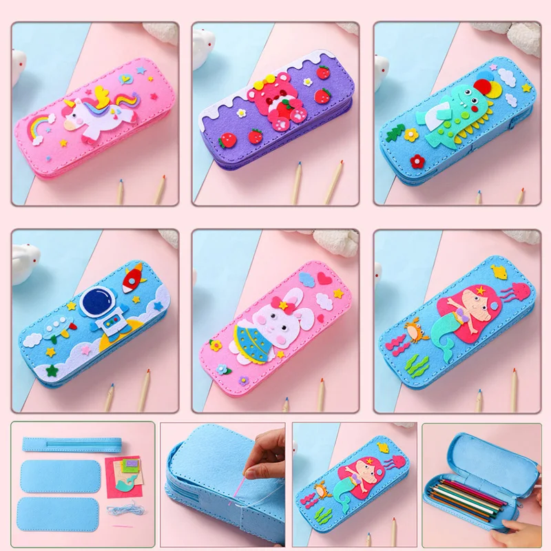 DIY Sewing Stationery Bag Non-woven Fabric Material Craft Kits For Kids Thread Splicing Pen Storage Case Fine Motor Training Toy