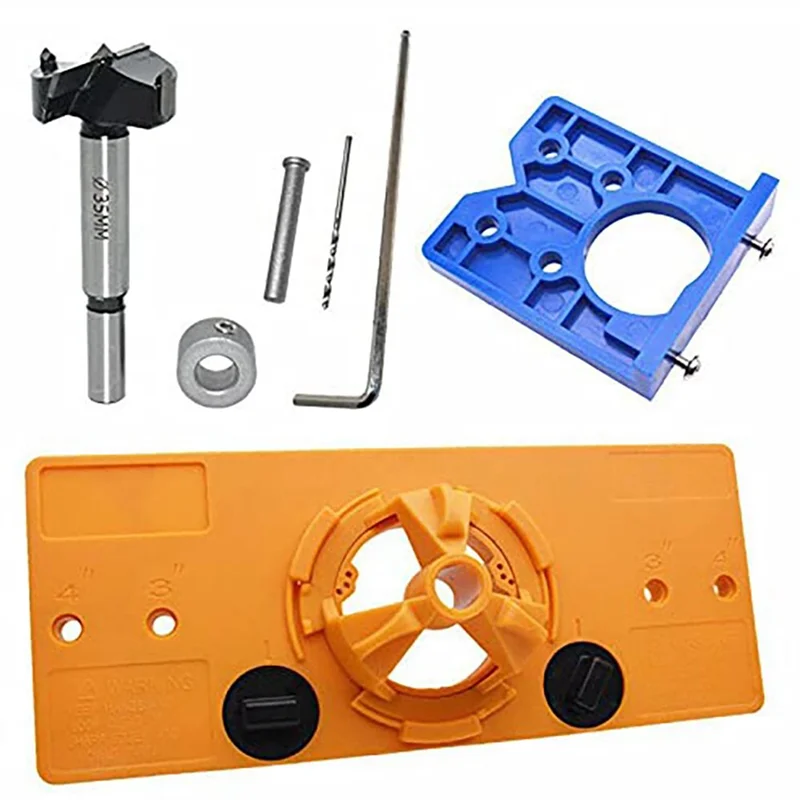 A74E-Posizionamento dei fori Stile tazza Kit di strumenti per cerniera di perforazione Guida noiosa Localizzatore di fori per cerniera Modello di fori per porta Maschera per cerniera