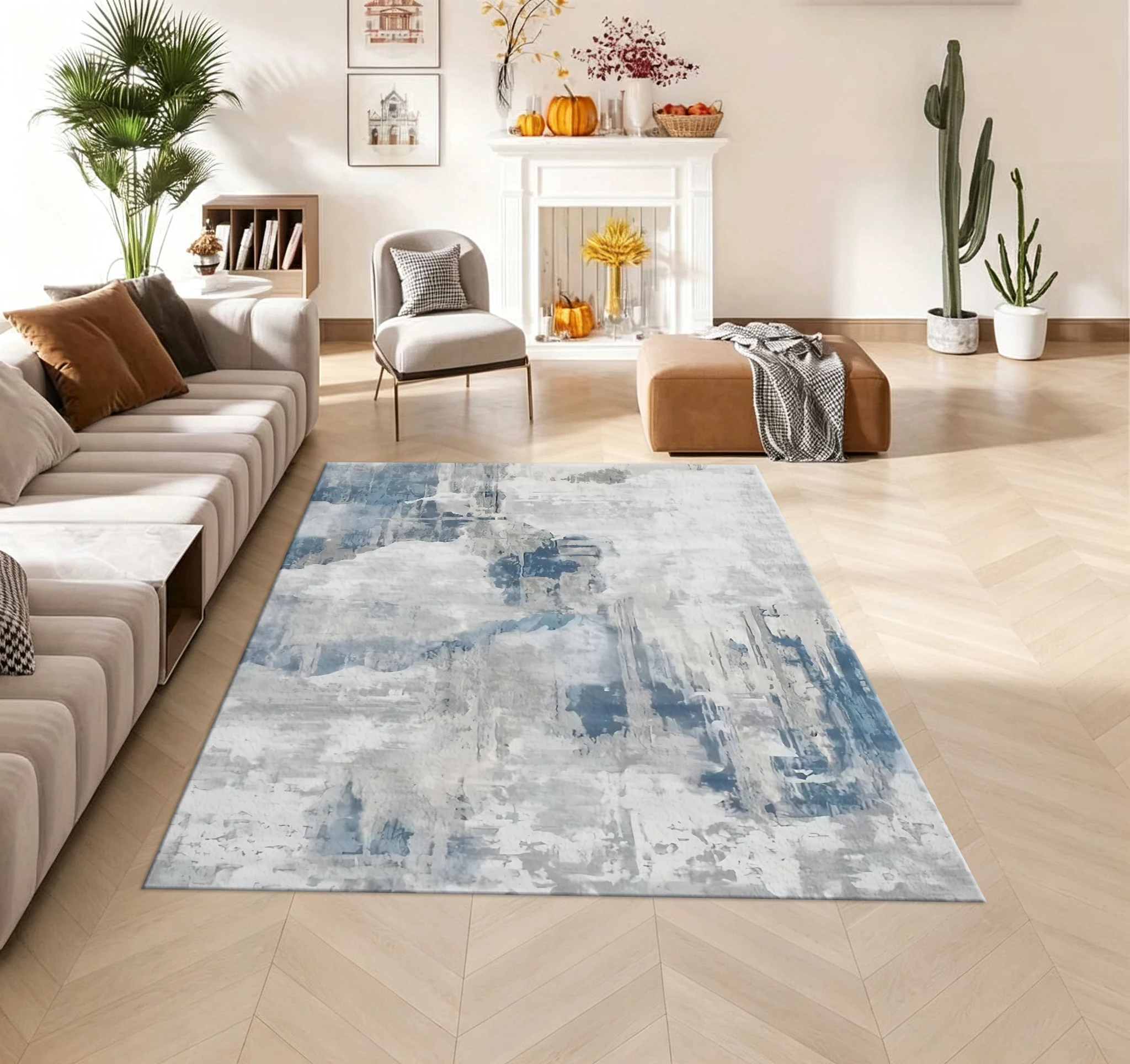 Blue Grey Abstract Texture Carpet Flooring Vintage Art Style Living Room Bedroom Area Rug