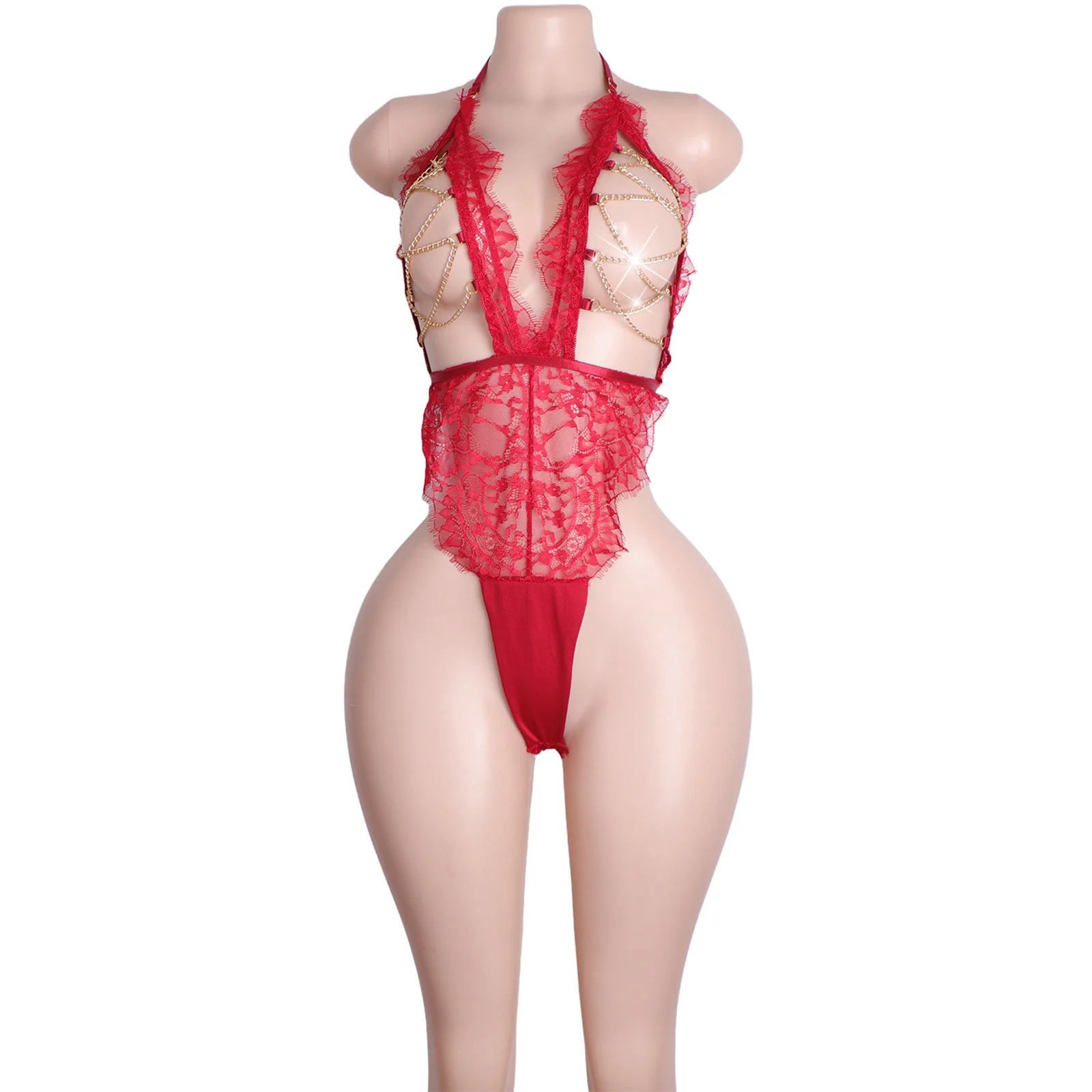 

Metallic Sling Shot Bra Bikini G-Thong with Chain Exotic Dancewear for Women Stage Performance Nightclub Wear Festival Costume