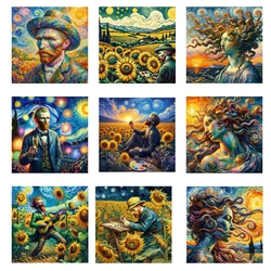 Art Oil Painting Stickers Iron On Van Gogh Sunflower Appliques for Clothing Thermoadhesive Patches On Jacket Transfer Sticker