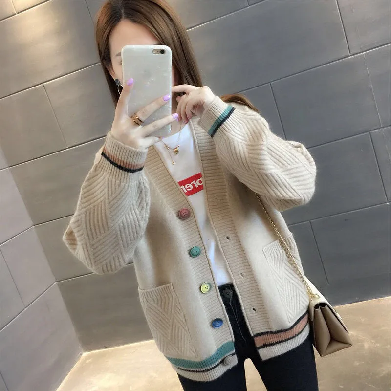 Fall Winter 2021 Women Cardigans Big Size Warm Long Sleeve Button Pockets Korean Sweaters Casual Ladies Jacket White Coats XXXL