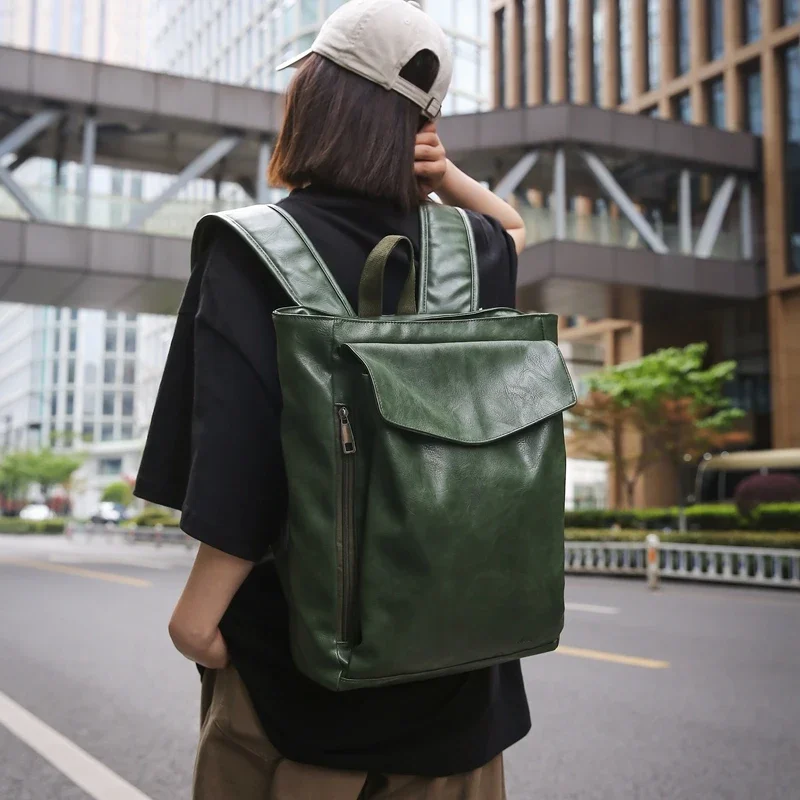 Mochilas grandes de cuero Pu para mujer  Y2K, moda coreana, mochila Vintage de Color sólido, mochila escolar verde de viaje