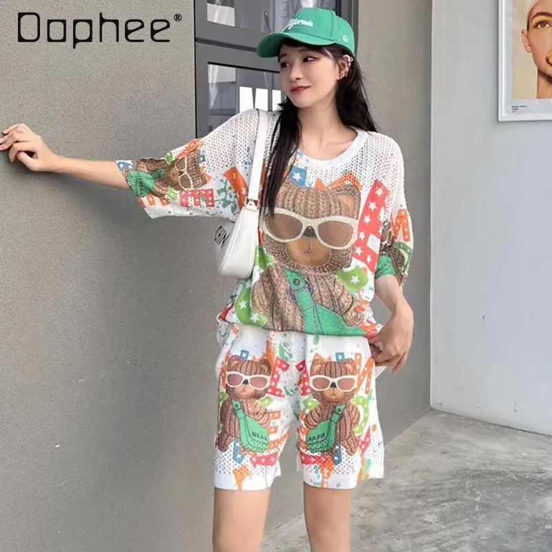 

Summer New Shorts Printed Set European Heavy Industry Rhinestone Ice Silk Knitted Top Women Loose Casual Two-Piece Sets