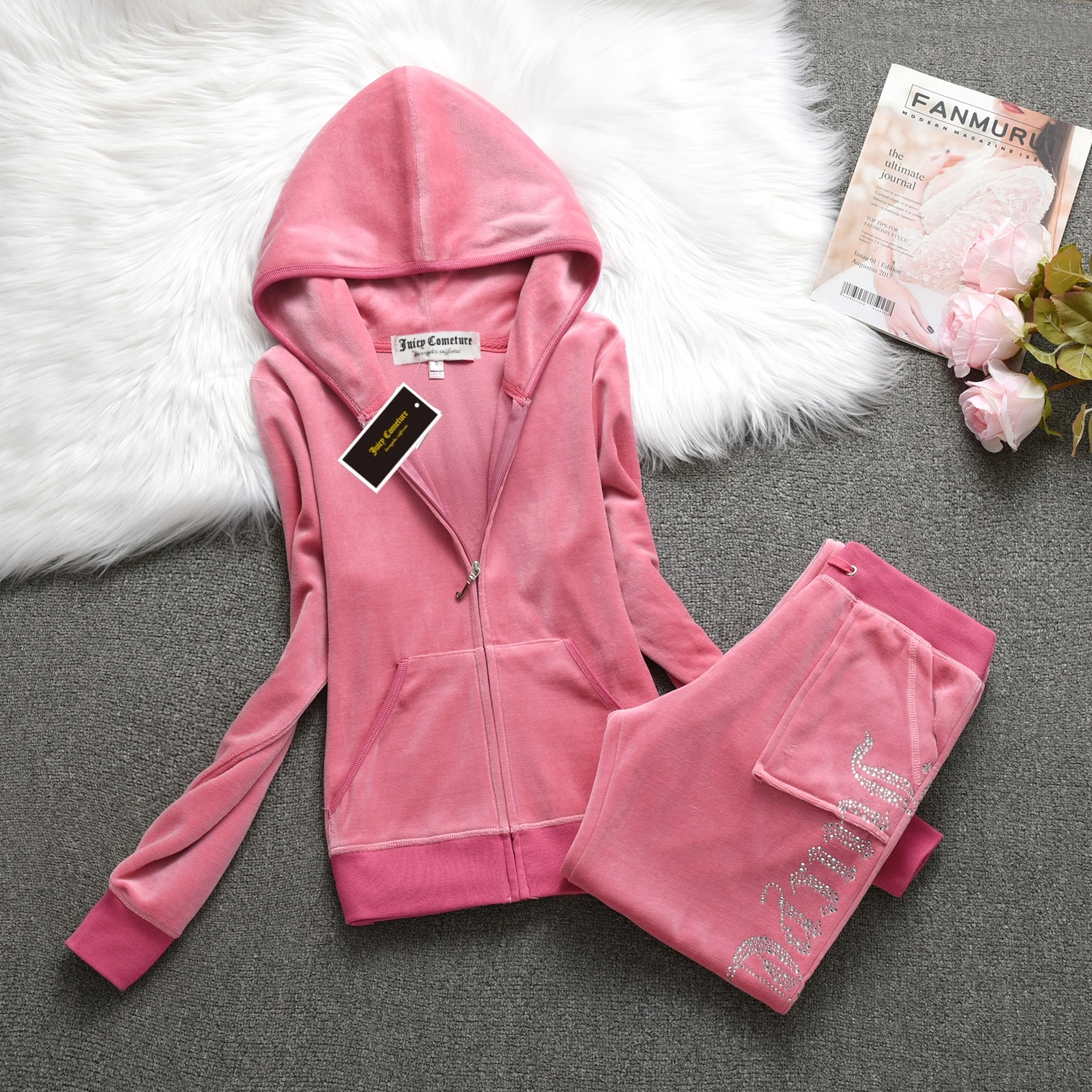 JUICY Cometure Y2K Velvet Tracksuit Women New Sports Suit Winter Casual Warm Hooded Jacket Y2K Women Sports Velvet Pants Suit