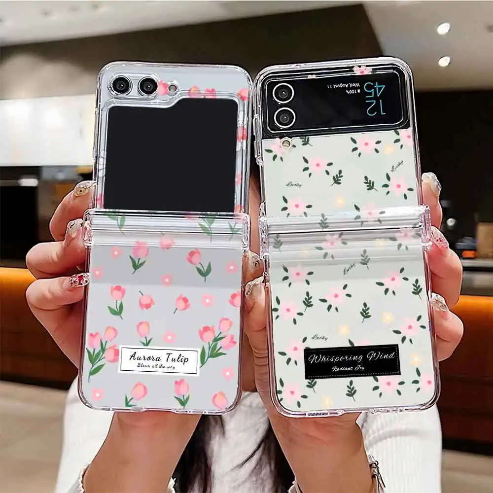 Transparent Hard Folding Case For Samsung Galaxy Z Flip 6 5 4 3 Clear Flower Pattern Cover For Samsung Z Flip3 Flip4 Flip5 Flip6