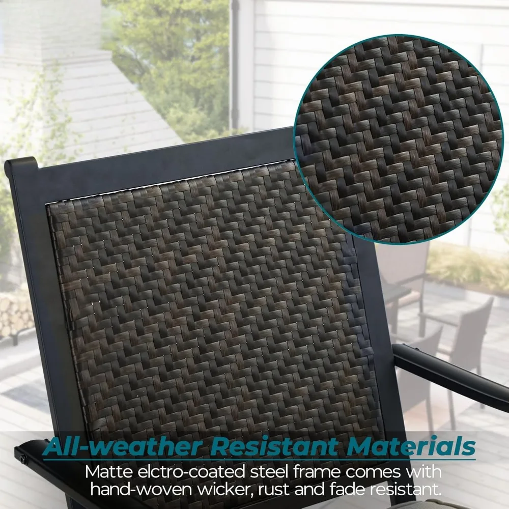 7 Piece Outdoor Wicker Dining Set for 6, Rectangular Metal Dining Table with Umbrella Hole & 6 Cushioned Rattan Chairs Furniture