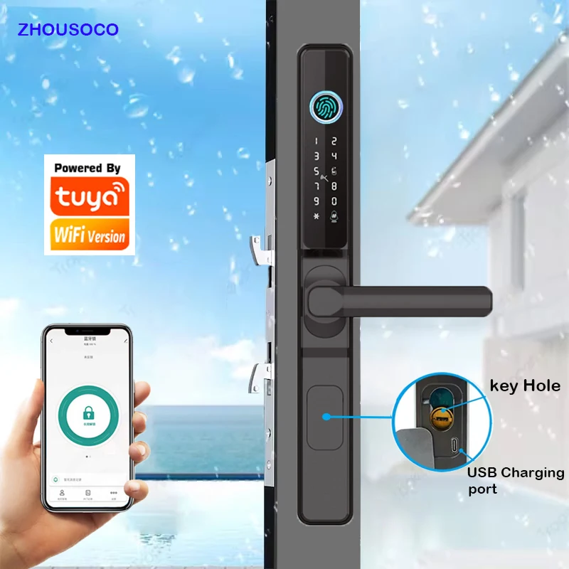 Fingerprint Lock Waterproof TUYA WIFI APP RFID Card Password Keyless Smart Electronic Door Lock for Aluminum Glass Sliding Door