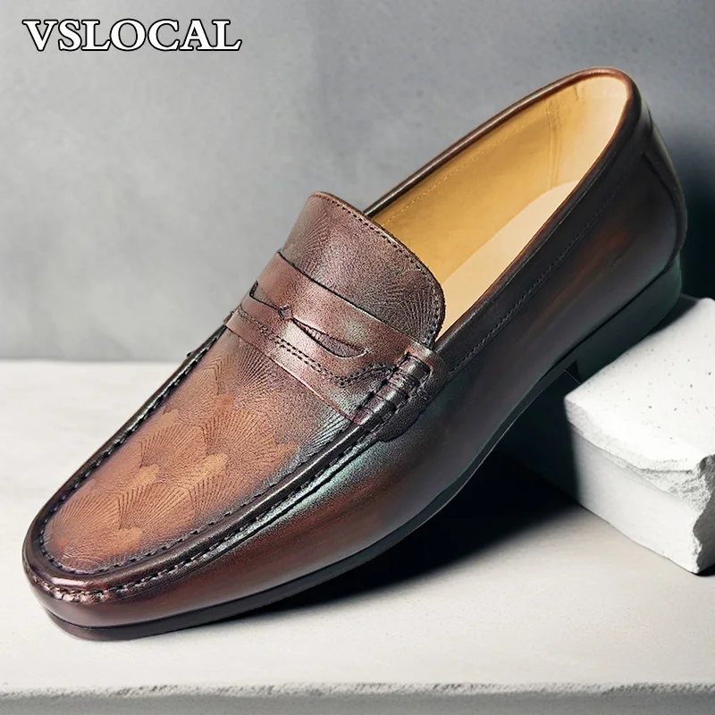 

Luxury Brand Men Loafers Shoes Brown Slip On Prints Casual Mens Dress Shoes Wedding Office Banquet Leather Shoes For Man