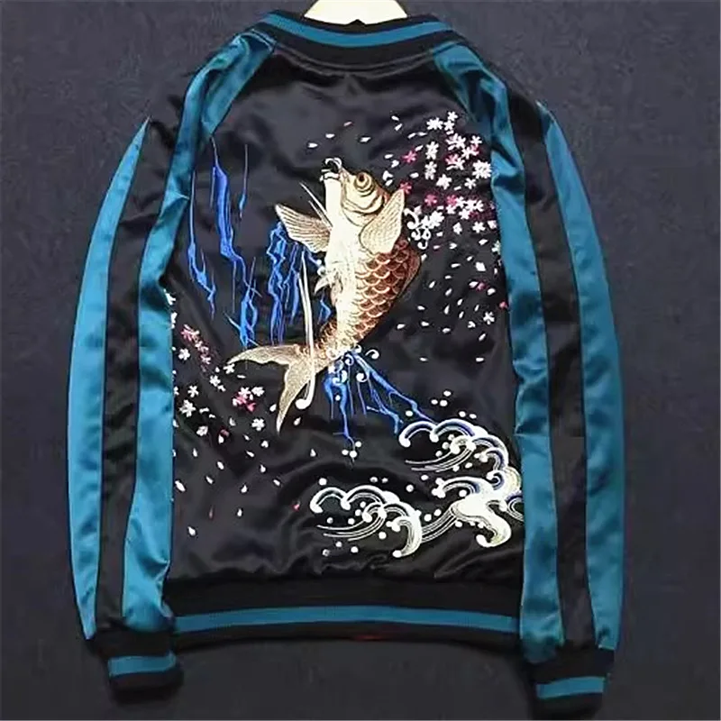 Reversible Double-sided High Quality Men Boys High Street Japan Style Sakura Carp Waves Embroidered Sukajan Souvenir Jacket