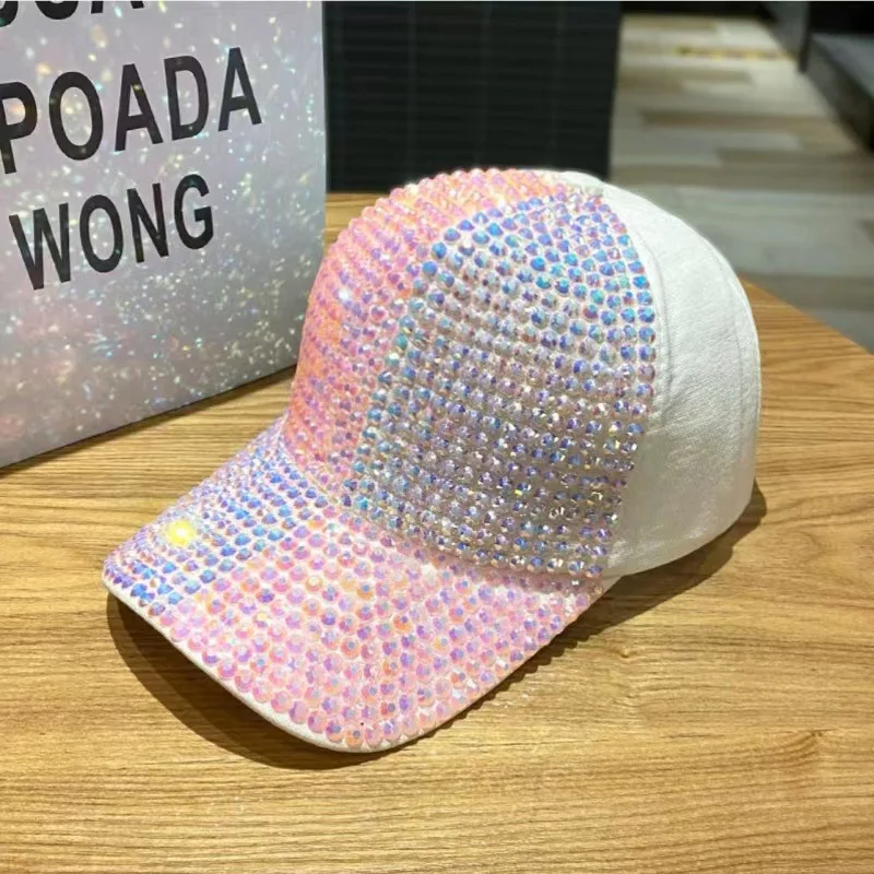 Two-tone patchwork diamond-embellished hat for girls, sparkling diamond baseball cap, versatile sun protection hat