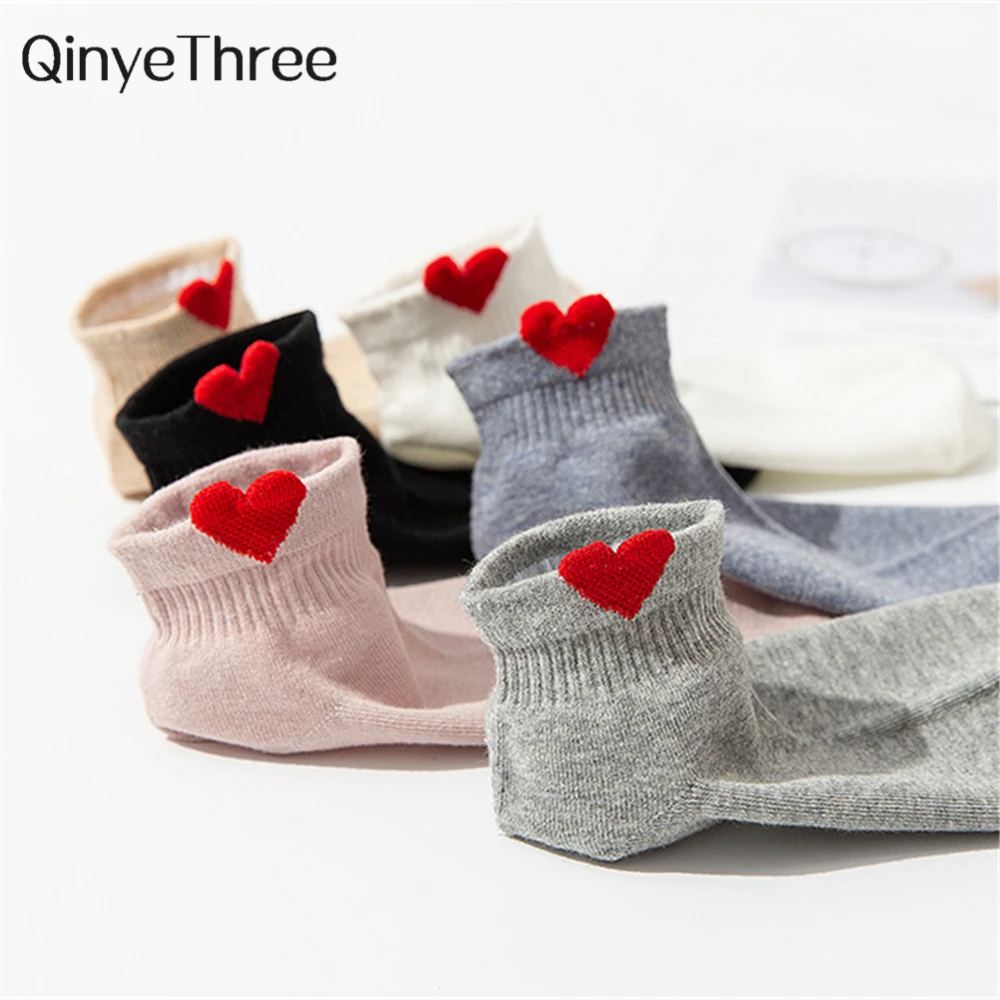 INS New Cute 3D Red Love Heart Ankle Socks Women's Funny Happy Summer Fresh Literary Solid Color College Style Short Sokken