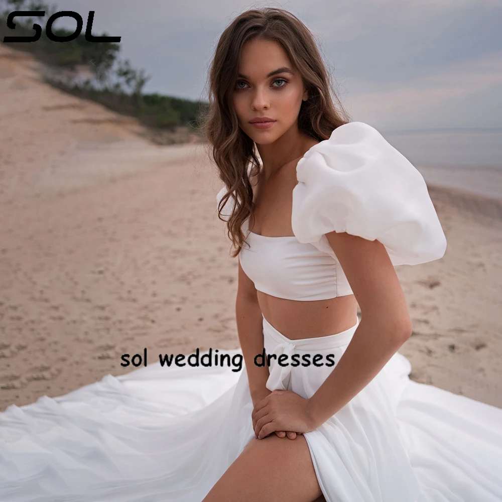 Sol Two Pieces Simple Beach Wedding Dress For Women 2024 Lantern Sleeves Chiffon Bridal Gown High Slit Vestido De Novia