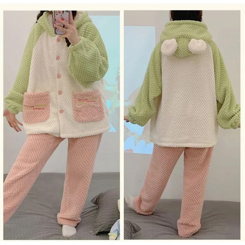 Winter Pajamas Women Coral Fleece Thickened Velvet Nightclothes Suit 2024 New Female Simple Hooded Thermal Flannel Homewear Sets