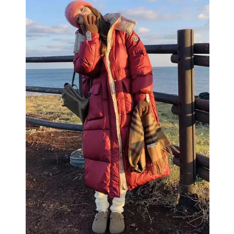 2025 Winter Weiße Ente Unten Jacke frauen Neue Über Knie Lose Dicken Hoodie Puffer Mantel Weibliche Winddicht Schnee Hecht mäntel