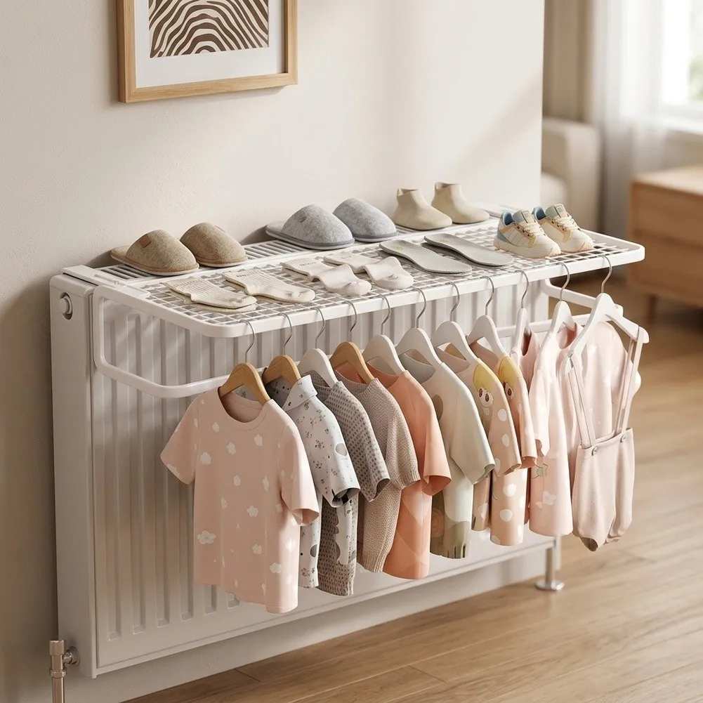 1pcs Adjustable Radiator Hanging Rack 2 Tier Laundry Dryer For Baby Clothes & Shoes Sturdy Iron Storage Shelf No Drilling Needed