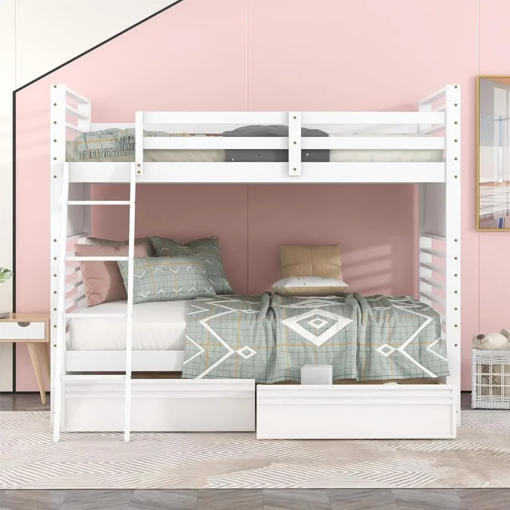 

Guest Room Furniture, Twin Over Twin Bunk Bed with 2 Drawers, Ladder and Safety Guardrail, Solid Wood Twins Size Bed for Bedroom