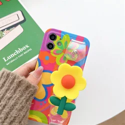 Korea Cute Artistic Colorful Flower Holder Stand Phone Case For iPhone 14 Plus 13 Pro Max 12 11 Soft Protective Cover