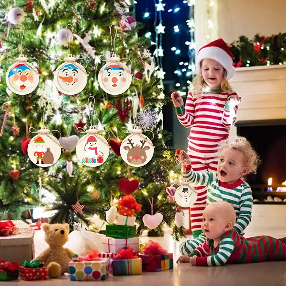 30PCS Round Wooden Ornaments with Hole Unfinished Predrilled Wood Slices Wood Circles for CraftsDIY Wooden Christmas