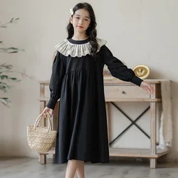 Long Sleeve Cotton Dress for Kids Girl Patchwork Lace Ruffles Collar Mori Girls Casual Dresses Sweet Teen Clothes 6-16 Years