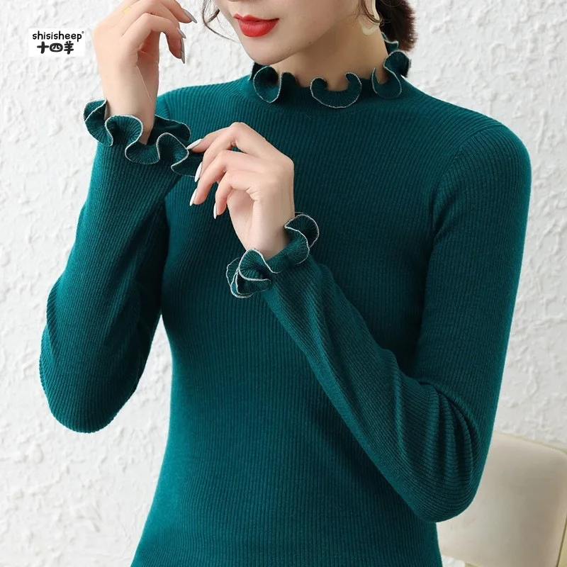 Western Style Fungus Petal Collar 2024 New Slim Bottoming Shirt Women's Inner Dark Green Sweater