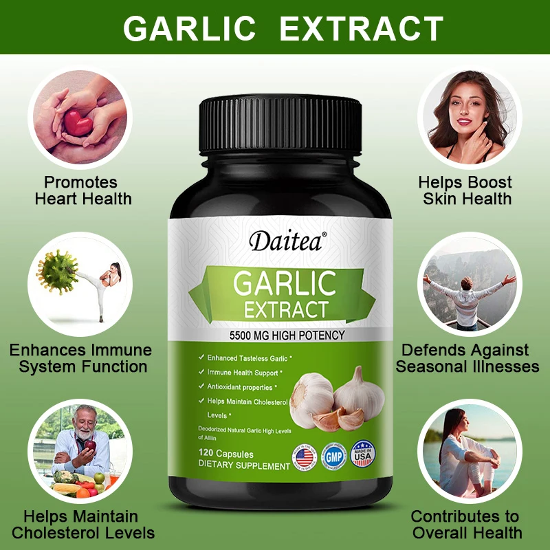 Daitea Organic Garlic Extract Capsules - Powerful Antioxidant To Support Respiratory and Immune Health, Cleanse and Detoxify