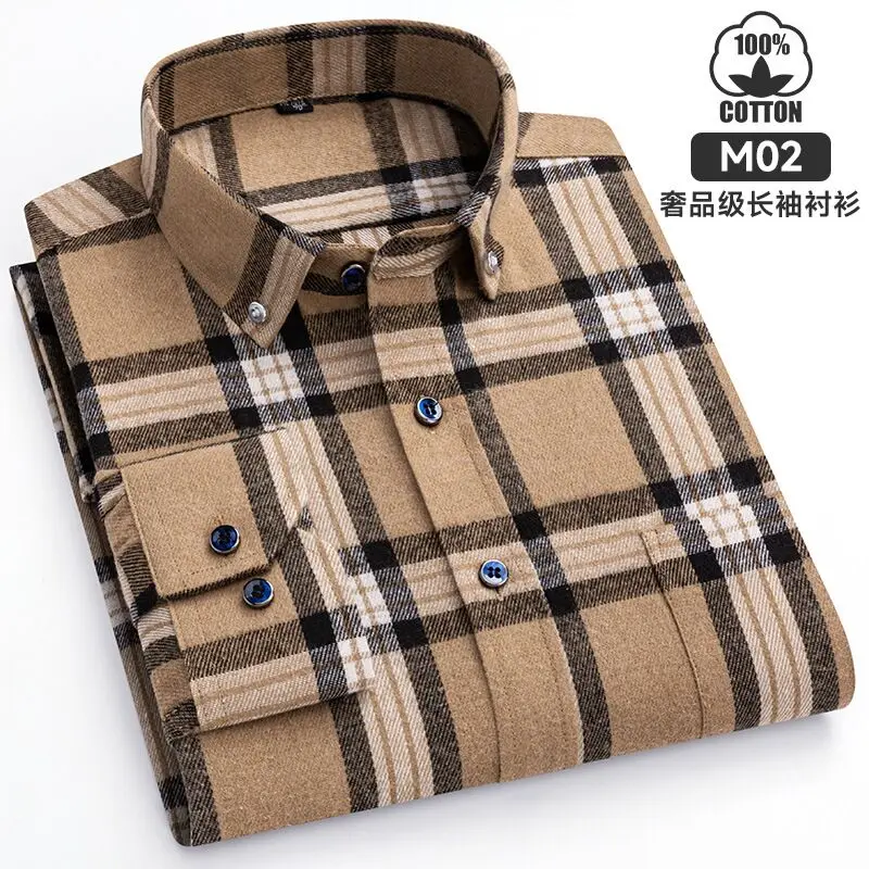 S~6XL Plus Size Cotton Oxford Shirt For Men\'s Long Sleeve Plaid Striped Casual Shirts Male Pocket Regular-Fit Button-Down Shirt