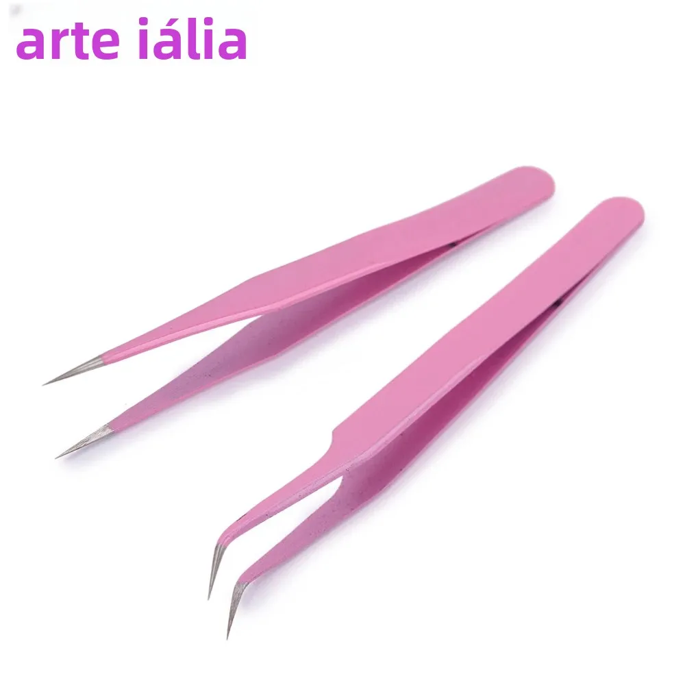 Pinça rosa de aço inoxidável 2 peças, ferramenta de coleta curvada reta e pontas para extensão de cílios, ferramenta para manicure artística (Pague o imposto antes da entrega)