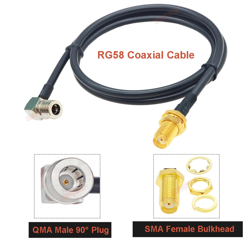 BEVOTOP RG58 SMA to QMA Cable RP-SMA / SMA Male Female to QMA Male Right Angle 90° Plug 50 Ohm Low Loss RG-58 RF Coaxial Pigtail