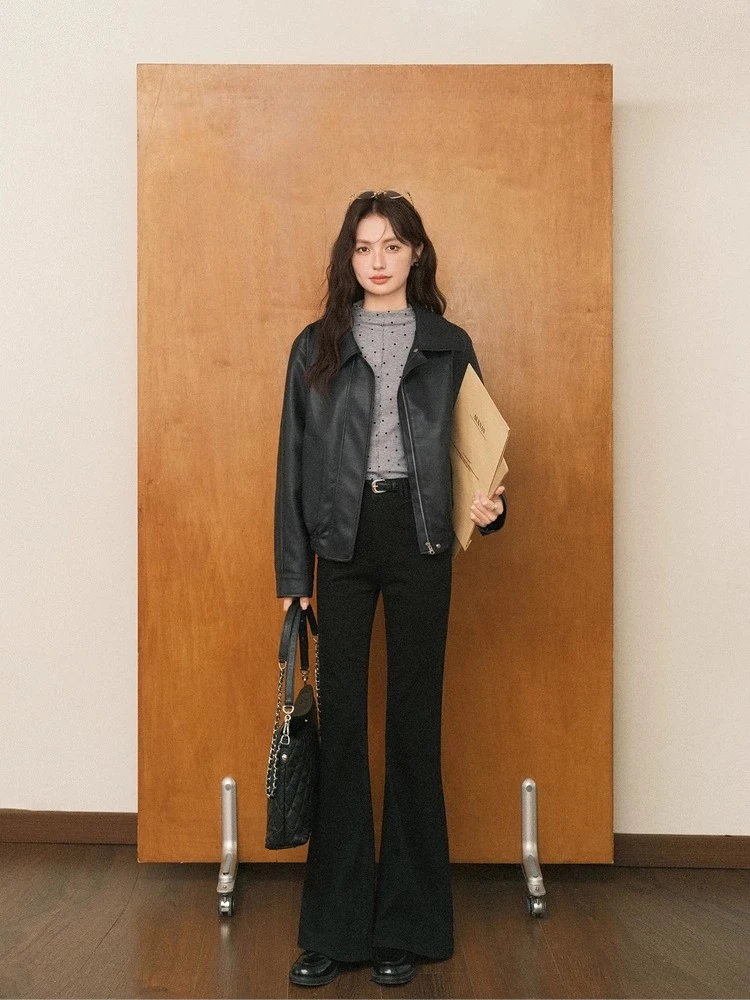 ALXNAN 빈티지 폴카 도트 티셔츠 그레이 모크 넥 러플 트림 긴팔 풀오버 레귤러 숄더 슬림핏 클래식 탑스 L58602