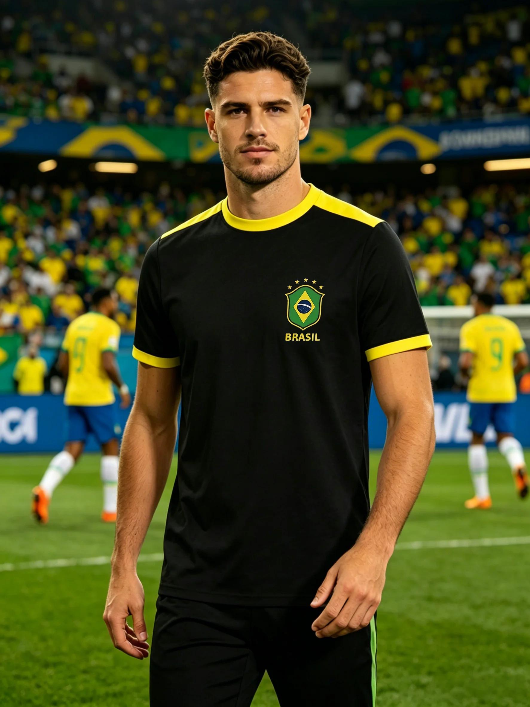 Brazil Team Emblem Printed Sports T-Shirt, Men's Summer Contrasting Edge Short-Sleeved T-Shirt, Fan Commemorative Versatile Top