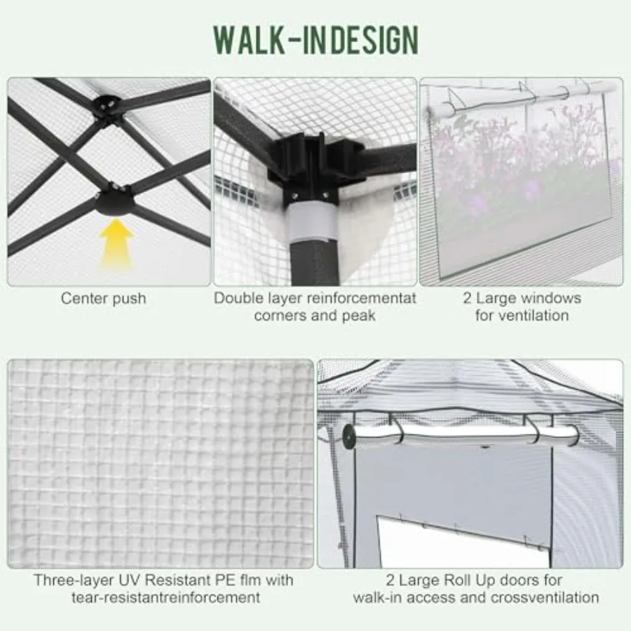 Walk-in greenhouse for indoor outdoor use, polyethylene material, green color, quick pop-up assembly and durable UV-resistant d