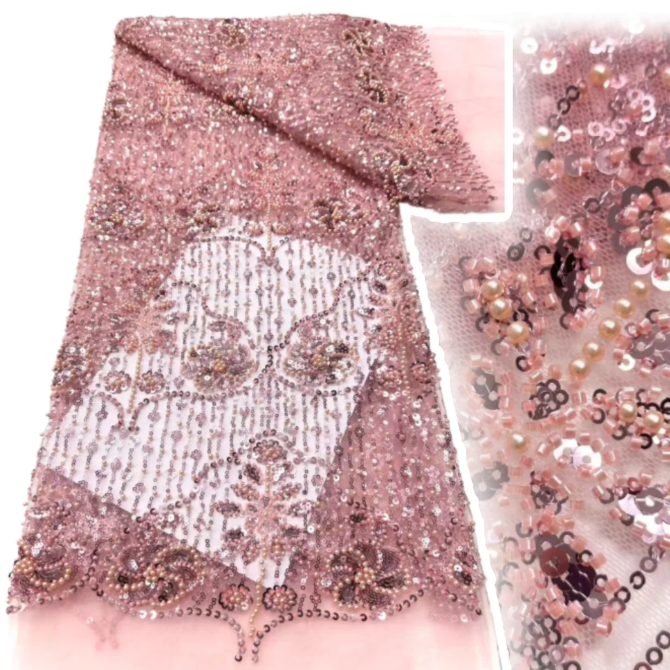 

African French Sequined Lace Fabrics High Quality Tulle Lace Nigerian Beaded Embroidered Dress Material For Party Wedding CC1525