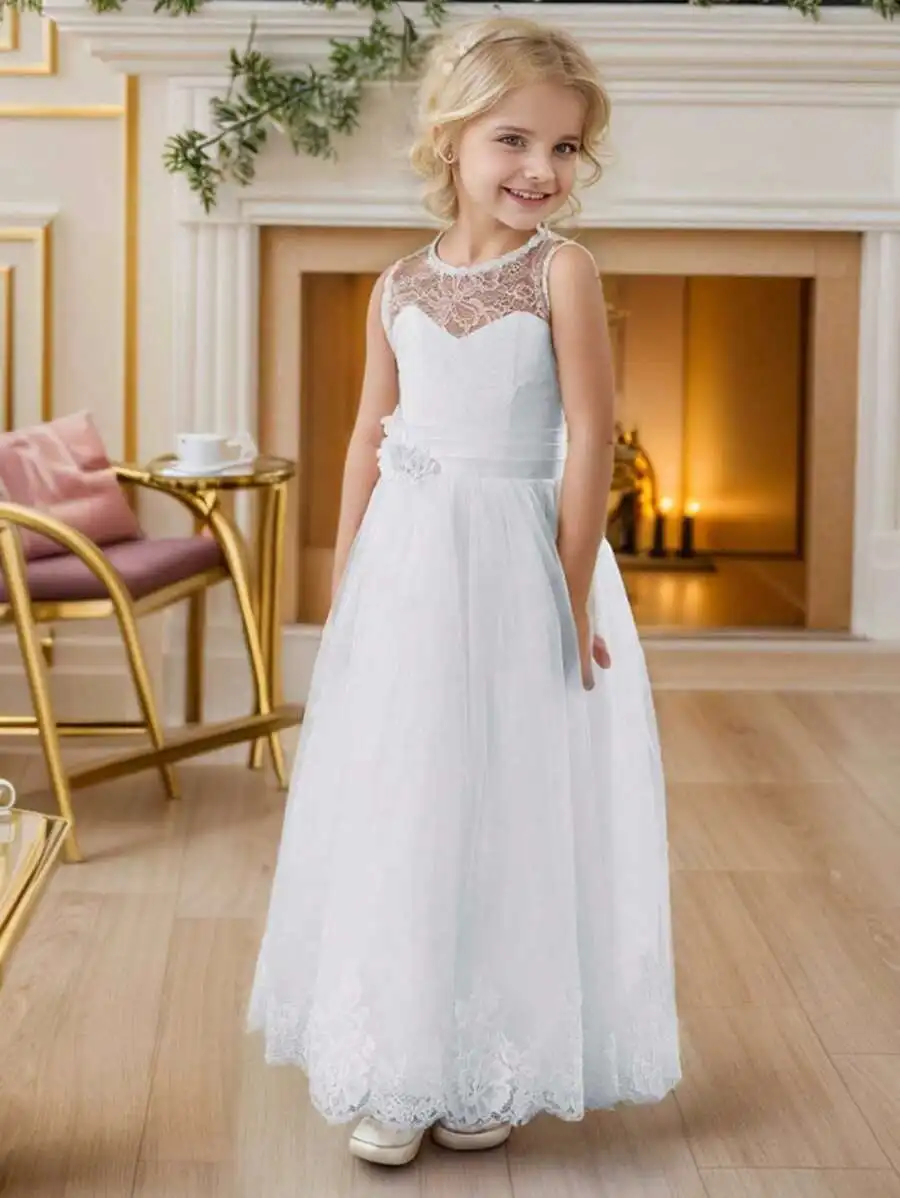 

Elegant White Lace Sleeveless Tulle A-Line Formal Dress