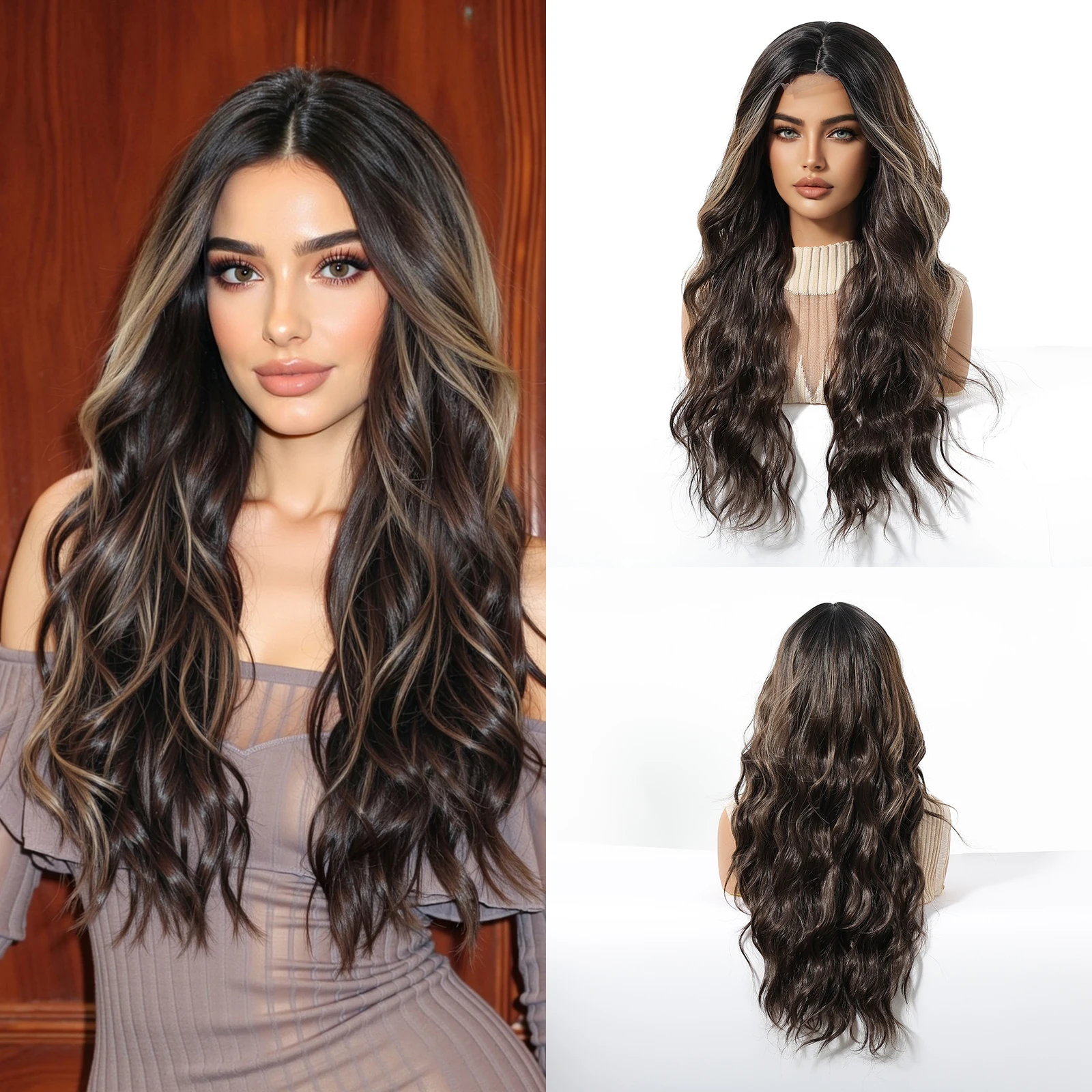 

Длинный синтетический парик Генри МАРГУ для женщин с коричневой мелированной краской, градиентный стиль, натуральные волосы, термостойкое волокно, смешанные тона