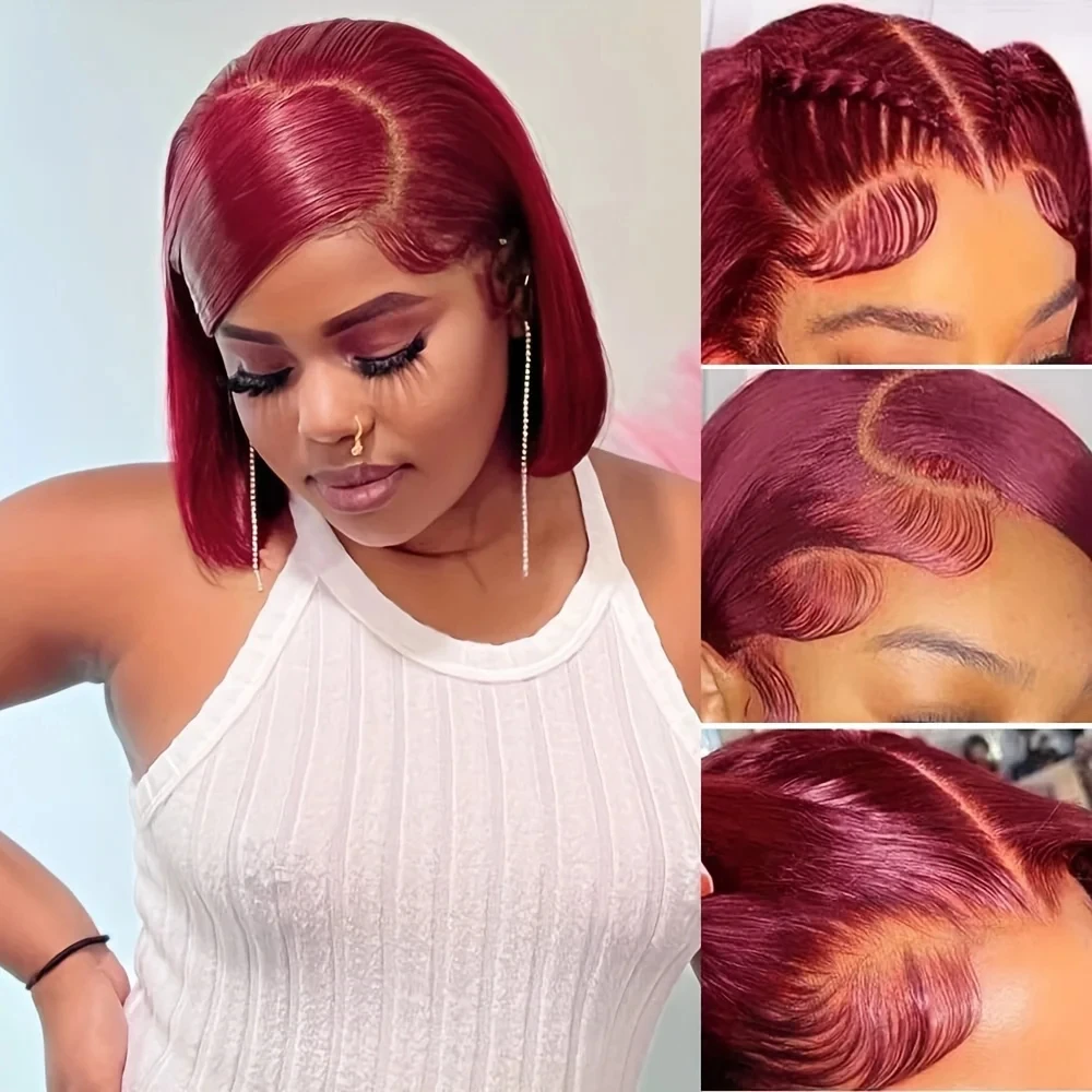 13x4 Seide Gerade 99J Burgund Bob Perücken Echthaar Spitze Frontal Perücke Vorgezupft Mit Baby Haar Transparente Spitze Perücken Echthaar