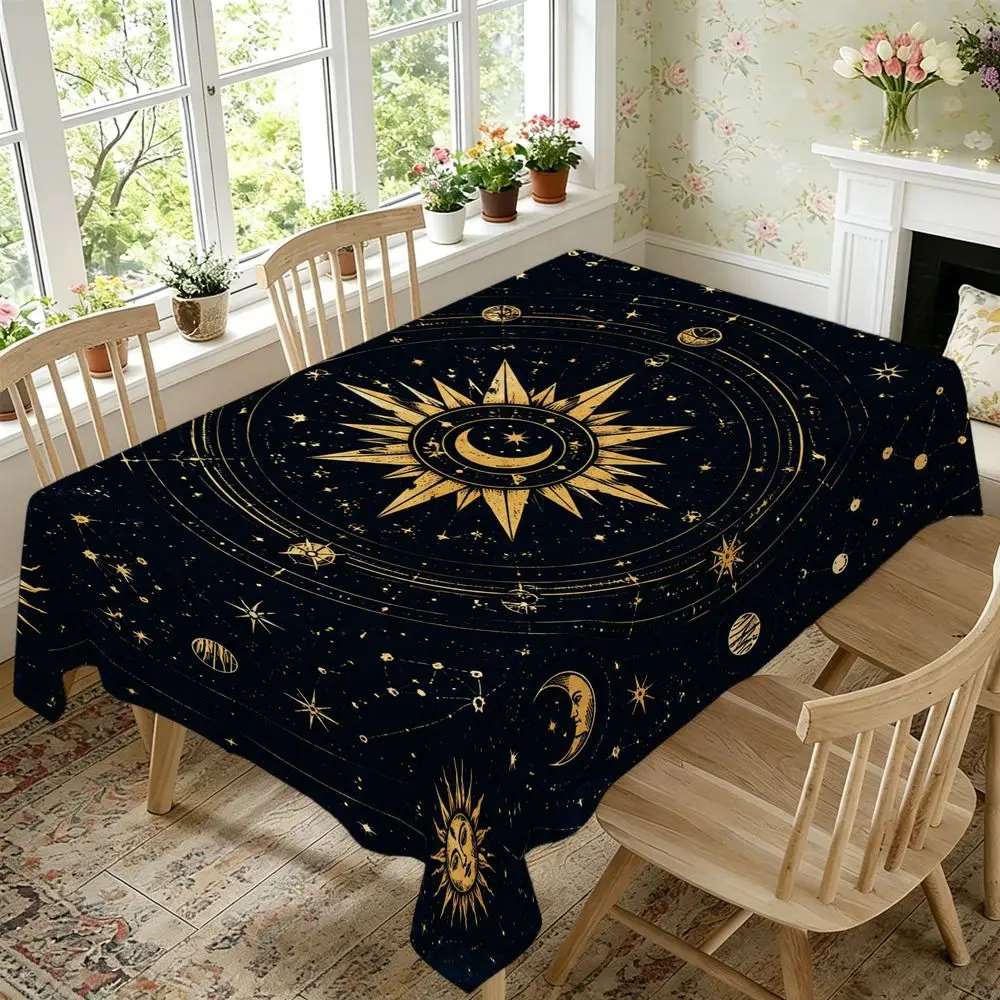 Celestial Sun and Moon Tablecloth with Golden Constellation - Navy Blue Boho Rectangular Table Cover Suitable for Dining Room, Kitchen, Party Decor, Soft Durable Fabric Cover Fits for Indoor Tables, Modern Bohemian Design