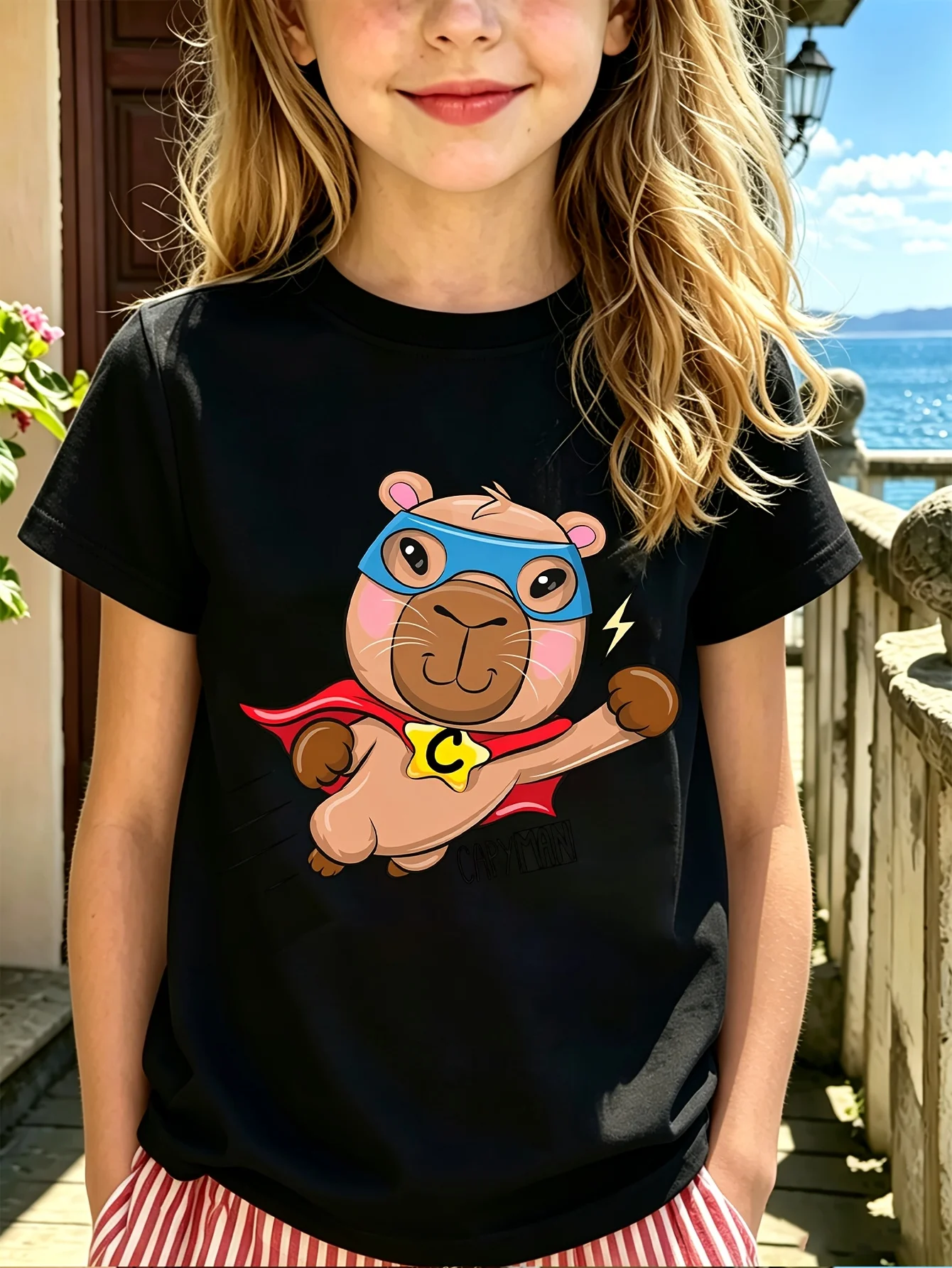 Superhero Capybara Kids Capyman Lightning Cartoon Graphic Print Boys Girls Family Matching Cotton Short Sleeve Children Tshirt